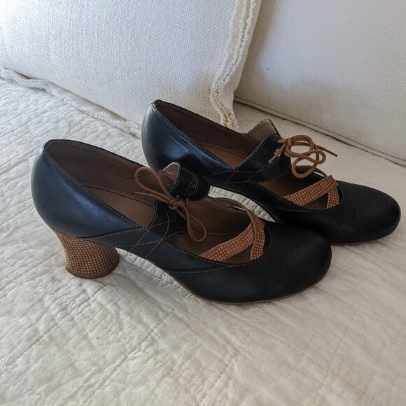 Miss Albright from Anthropologie Black Leather Heels with Tan Accents - Picture 1 of 3